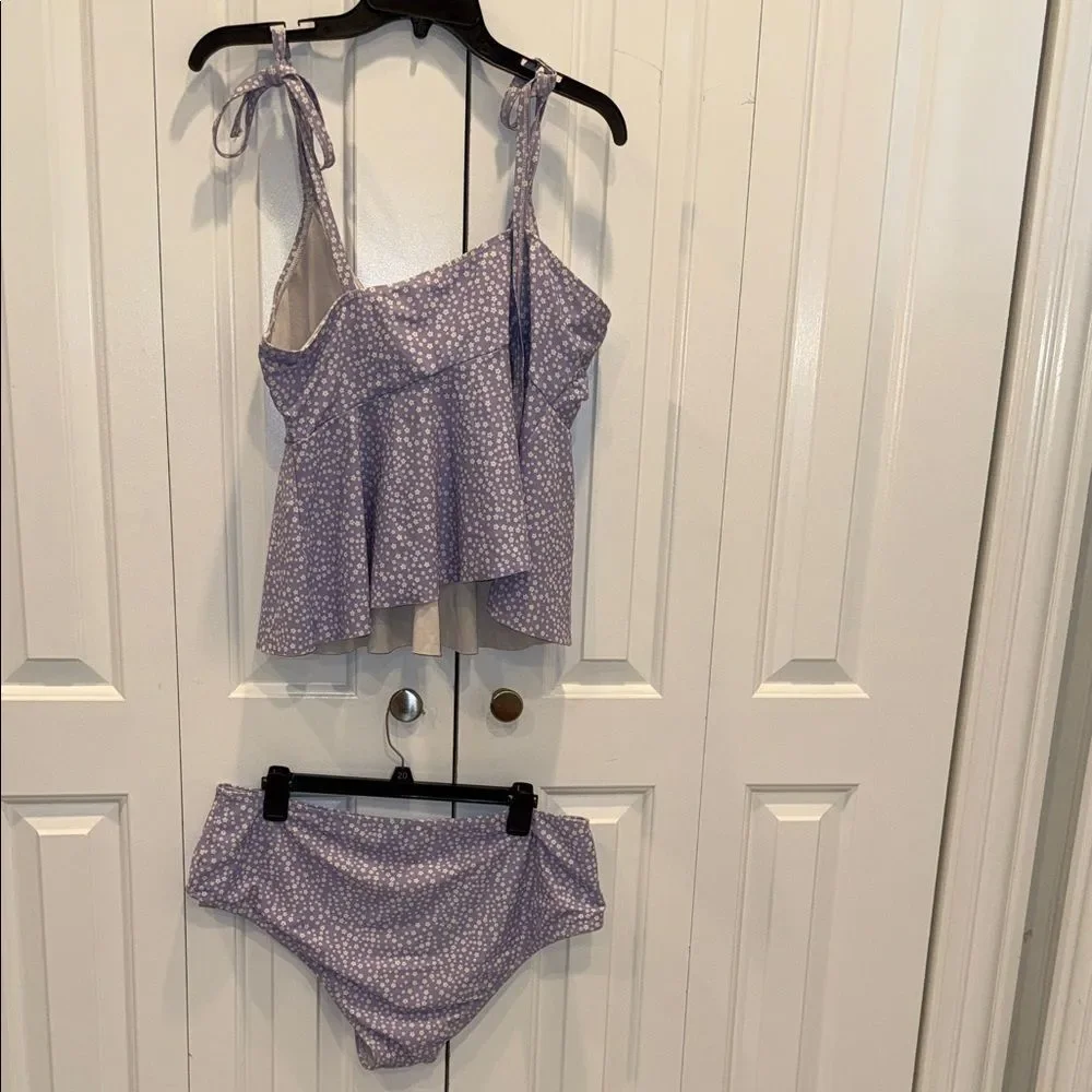 SHEIN Lilac Tie-Shoulder Tankini Set with White Dot Print - Picture 3 of 4
